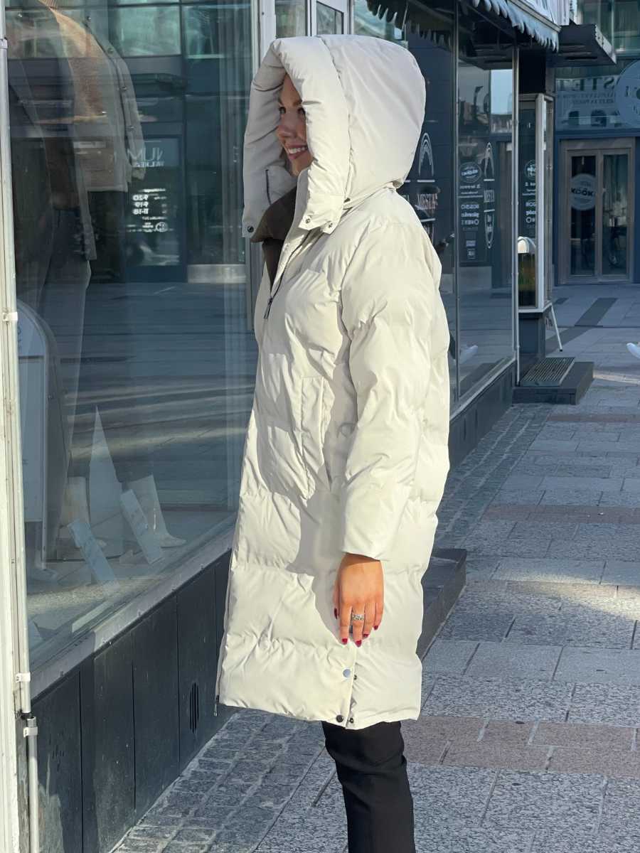 Toppatakki Midi, murrettu valkoinen ja ruskeanharmaa