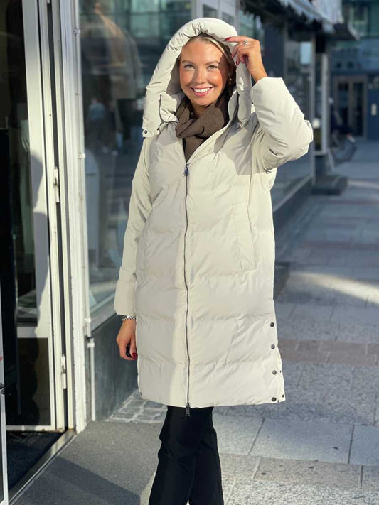 Toppatakki Midi, murrettu valkoinen ja ruskeanharmaa